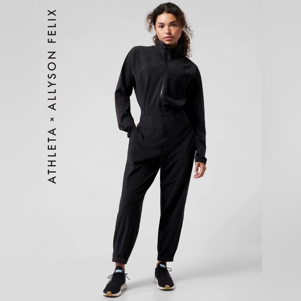 ATHLETA ALLYSON FELIX Sz L Legend Jumpsuit with Hood Hem Tabs Zip Up NEW